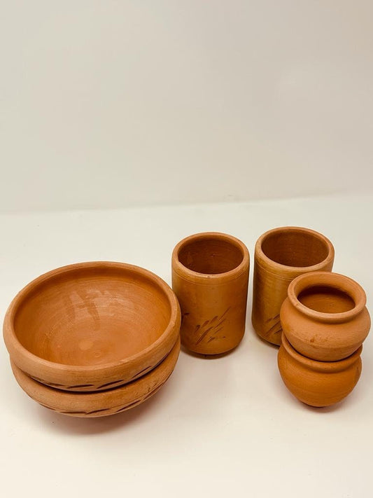 Clay Beverage Set (6 pcs UNGLAZED White Clay) 2 Clay Glass, 2 Clay Tea Cups, 2 Clay Soup Bowls