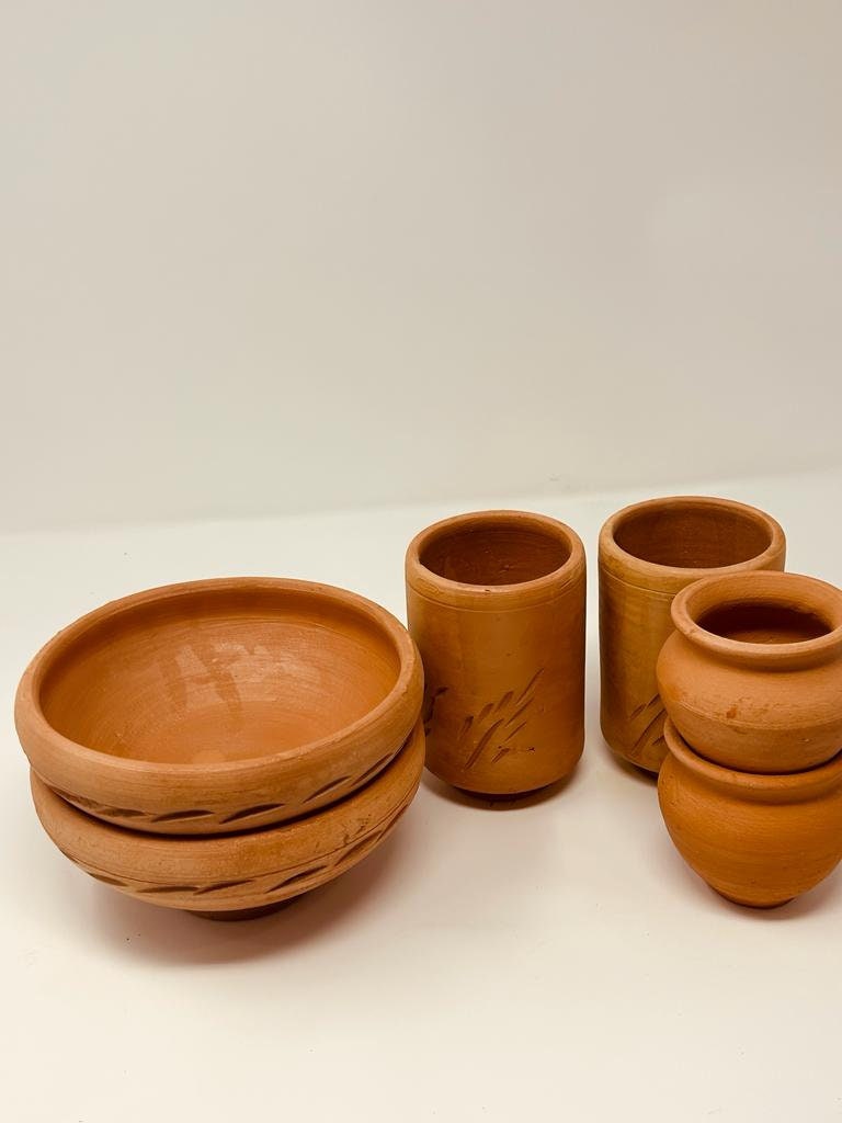 Clay Beverage Set (6 pcs UNGLAZED White Clay) 2 Clay Glass, 2 Clay Tea Cups, 2 Clay Soup Bowls