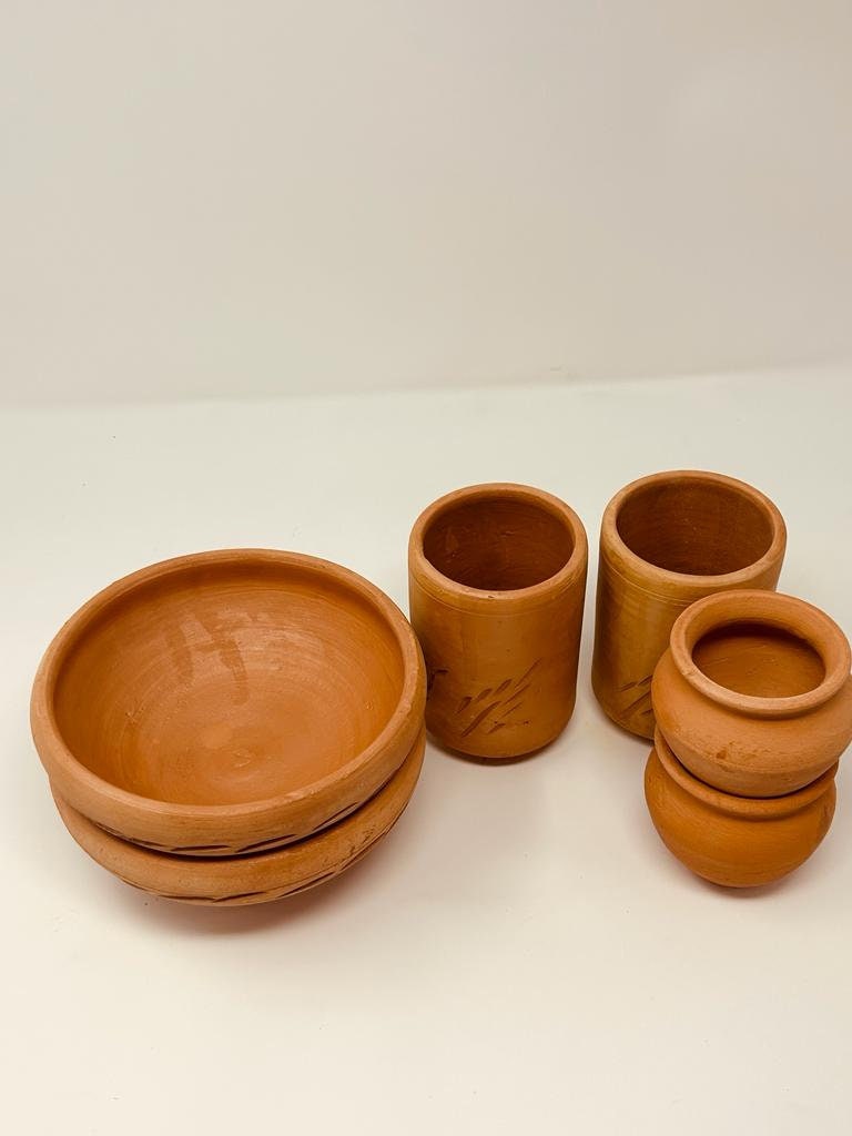 Clay Beverage Set (6 pcs UNGLAZED White Clay) 2 Clay Glass, 2 Clay Tea Cups, 2 Clay Soup Bowls